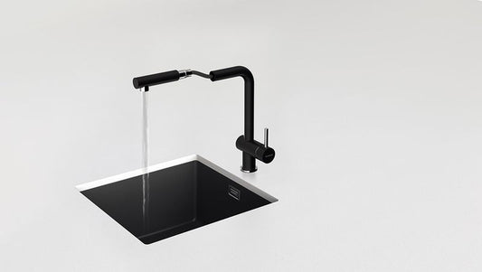 Baterie bucatarie Schock Epos Cristalite Nero cu dus extractibil, aspect granit, cartus ceramic, negru