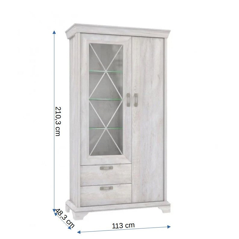 Vitrina Cu 2 Usi Si 2 Sertare Kashmir, Alb Antichizat, 113 Cm