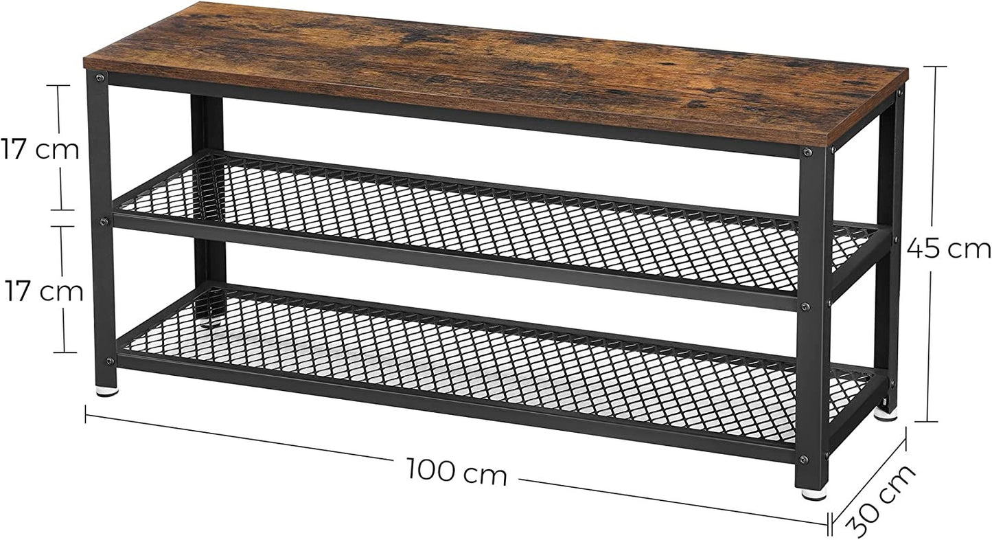 Banca Pentru Pantofi, Cu 2 Rafturi, Maro Rustic Si Negru , 100 Cm