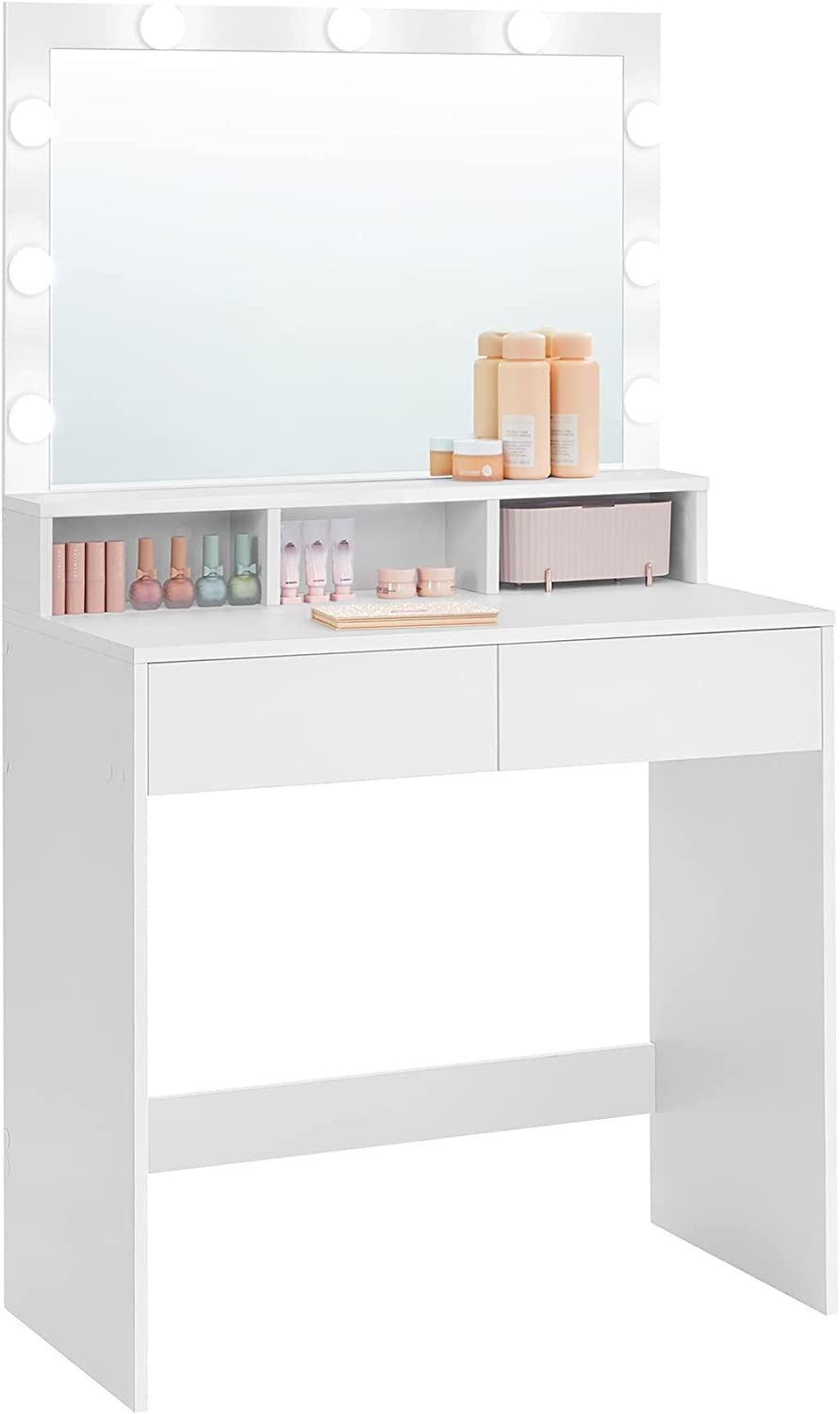 Masuta De Toaleta Cu Iluminare Led, Cu Oglinda, 2 Sertare Si 3 Compartimente, Alb, 80 Cm