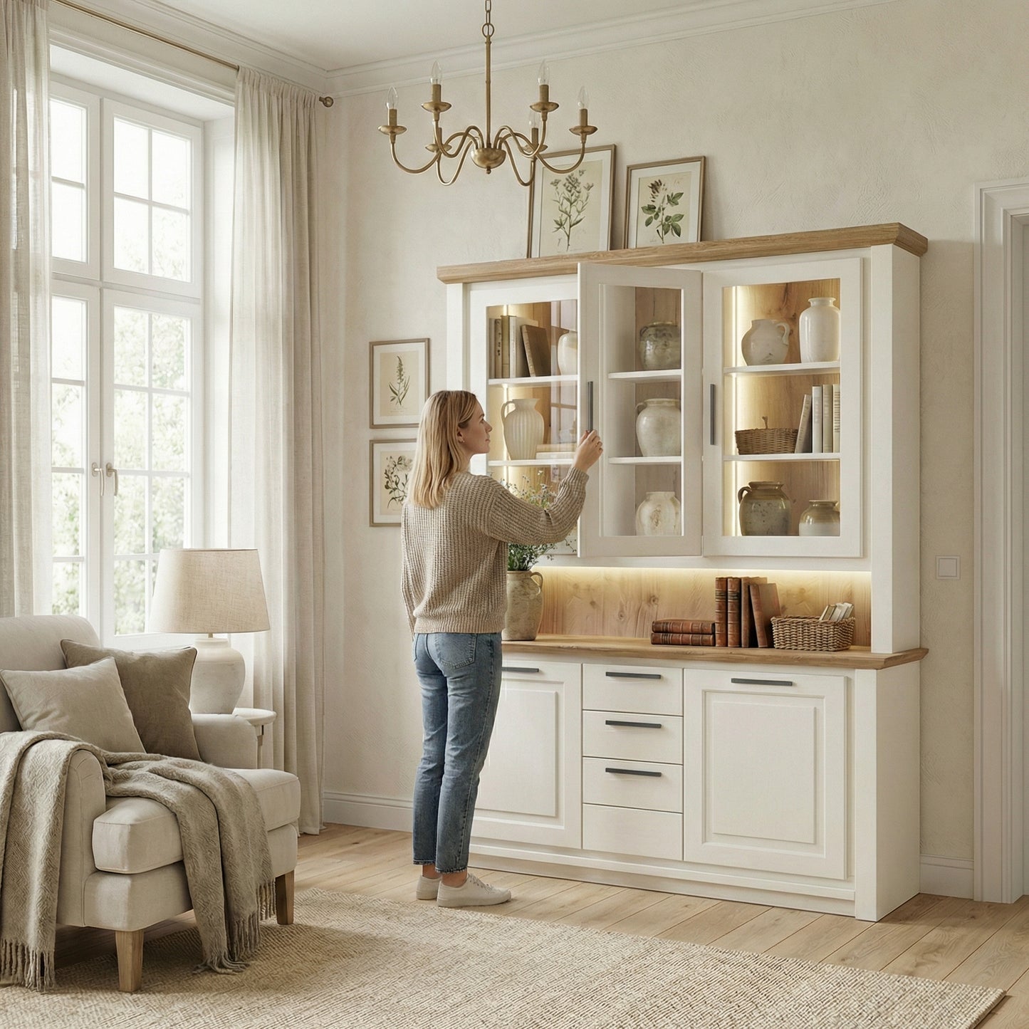 Bufet Cu Vitrina 3 Usi Thuxon Alb, Stejar Furniruit, 160 Cm
