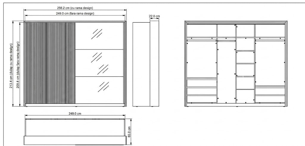 Dulap Destiny, Rama Design, 3 Despartitoare, 3 Bare Haine, 6 Polite, 5 Sertare, 250 Cm
