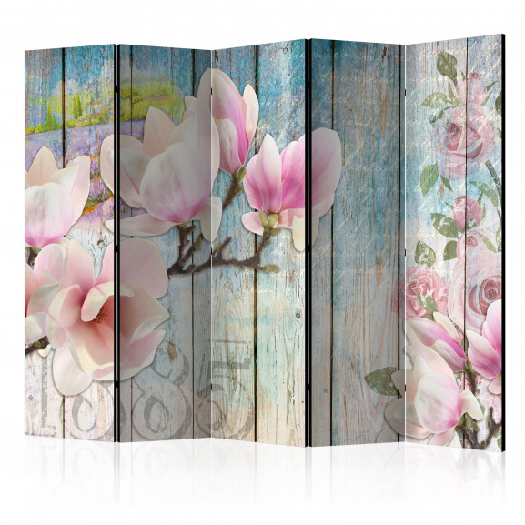 Paravan Pink Flowers On Wood Ii [Room Dividers] 225 cm x 172 cm