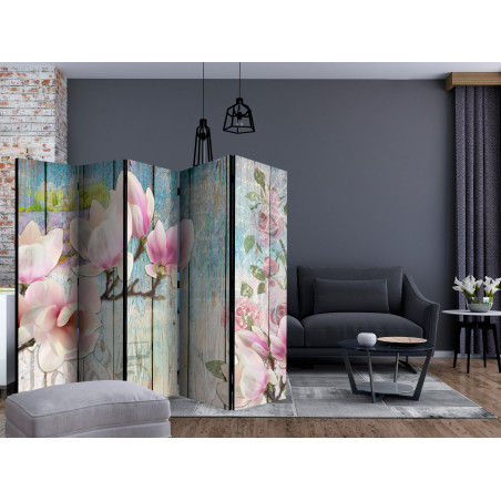 Paravan Pink Flowers On Wood Ii [Room Dividers] 225 cm x 172 cm-01