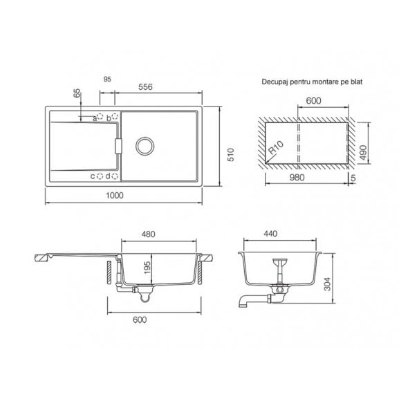 Chiuveta bucatarie Schock Mono D-100L Cristadur Puro, granit, reversibila, montare pe blat 100 x 51 cm