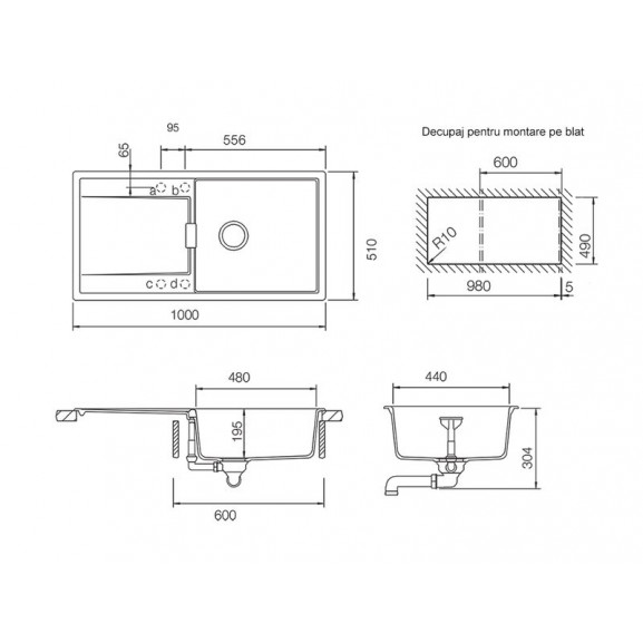 Chiuveta bucatarie Schock Mono D-100L Cristadur Stone, granit, reversibila, montare pe blat 100 x 51 cm