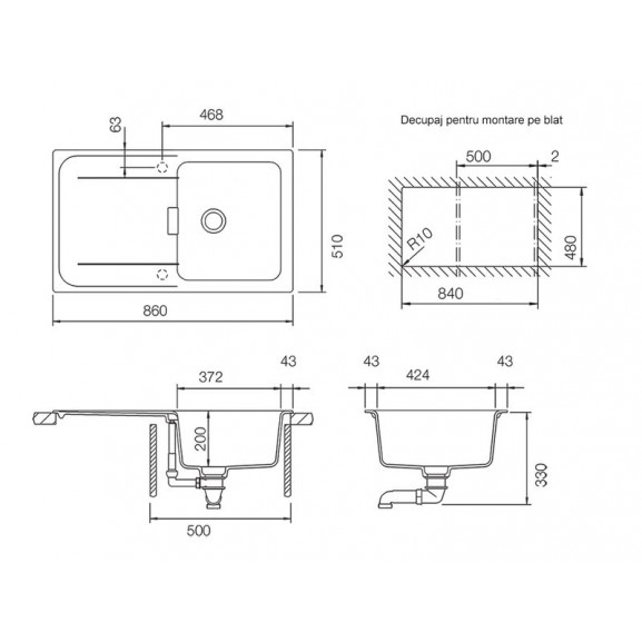 Chiuveta bucatarie Schock Wembley D-100 Cristadur Stone, granit, reversibila, montare pe blat 86 x 51 cm