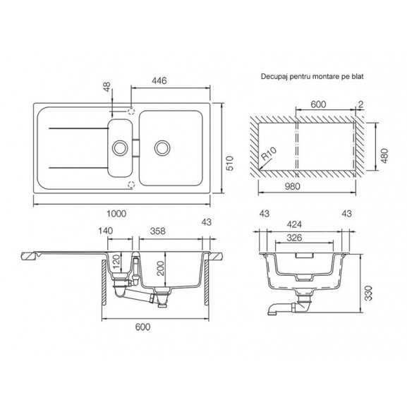 Chiuveta bucatarie Schock Wembley D-150 Cristadur Stone, granit, reversibila, montare pe blat 100 x 51 cm