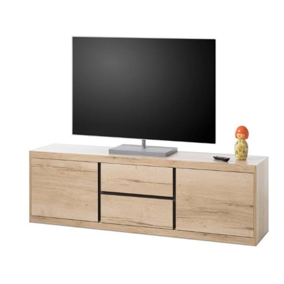 Comoda TV Moderna Fjord, Certificat FSC, Cu 2 Usi 2 Sertare, Stejar Si Gri, 173 x 53 x 38 Cm