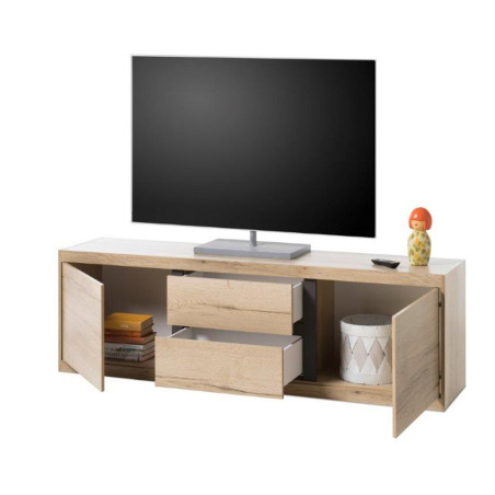 Comoda TV Moderna Fjord, Certificat FSC, Cu 2 Usi 2 Sertare, Stejar Si Gri, 173 x 53 x 38 Cm-01