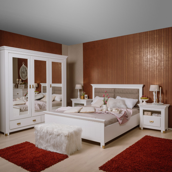 Set Dormitor Saint Tropez, Pat Cu Dimensiune Saltea 160 X 200, Dulap De 207.8 Cm, 2 Noptiere, Vopsit Alb