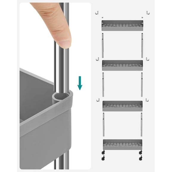 Carucior De Depozitare Cu 4 Niveluri Pe Roti, Gri, 40 Cm