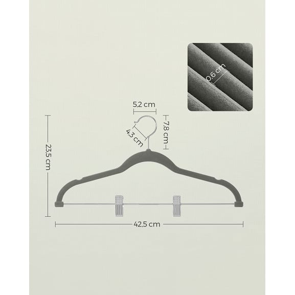 Set De 12 Umerase Din Catifea Cu Cleme Reglabile, Gri, 42.5 Cm