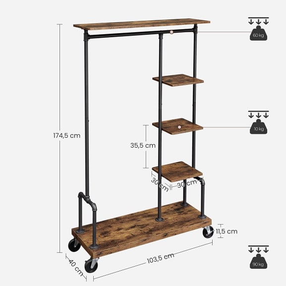 Suport Pentru Haine Pe Roti, Maro Rustic Si Negru, 103.5 Cm