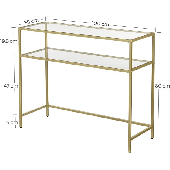 Consola Cu 2 Rafturi, Picioare Reglabile, Auriu, 100 Cm