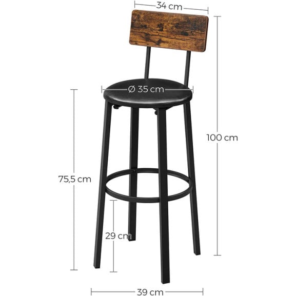 Set 2 Scaune De Bar Cu Suport Pentru Picioare, Maro Rustic Si Negru, 39 X 100 X 39 Cm