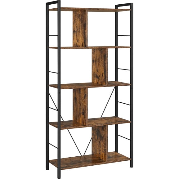 Biblioteca Cu 5 Niveluri, Maro Rustic Si Negru, 74 Cm