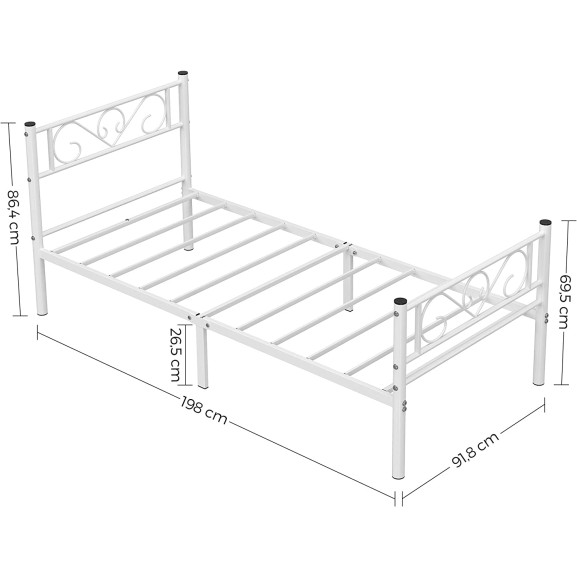 Cadru De Pat Din Metal, De O Persoana, Alb, 90 X 190 Cm