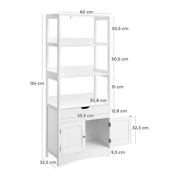 Dulap Inalt De Depozitare Pentru Baie, Cu 3 Rafturi, 1 Sertar Si 2 Usi, Alb, 60 Cm