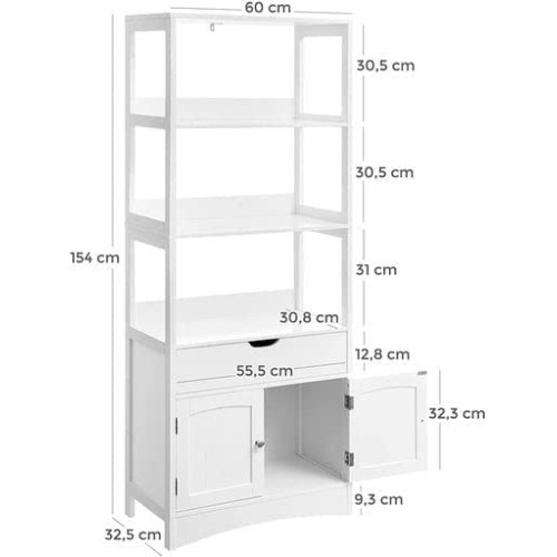 Dulap Inalt De Depozitare Pentru Baie, Cu 3 Rafturi, 1 Sertar Si 2 Usi, Alb, 60 Cm