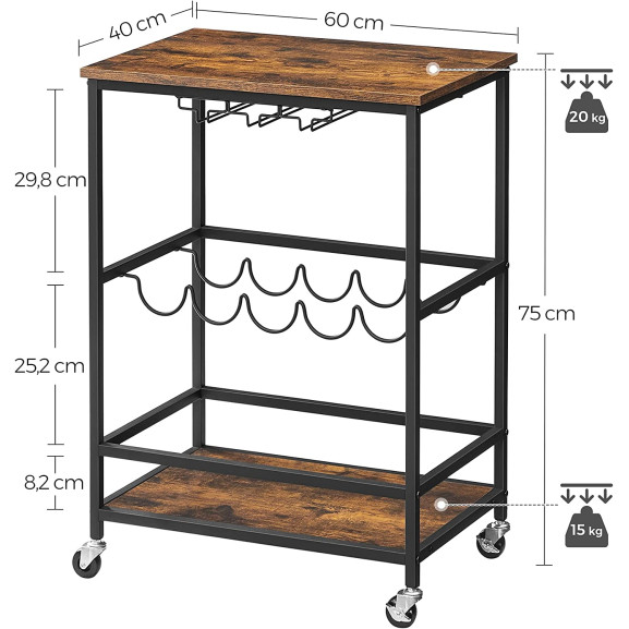 Carucior De Bar, Cu Suporturi Pentru Pahare Si Sticle, Vintage Maro Si Negru, 60 Cm