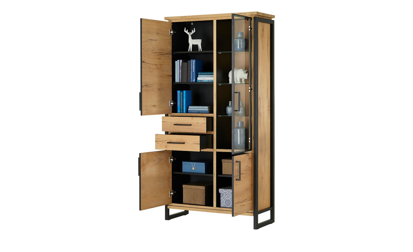 Vitrina Cu 3 Usi Si 2 Sertare Reno, Smoked Oak, Furnir Din Lemn Masiv, 100 Cm