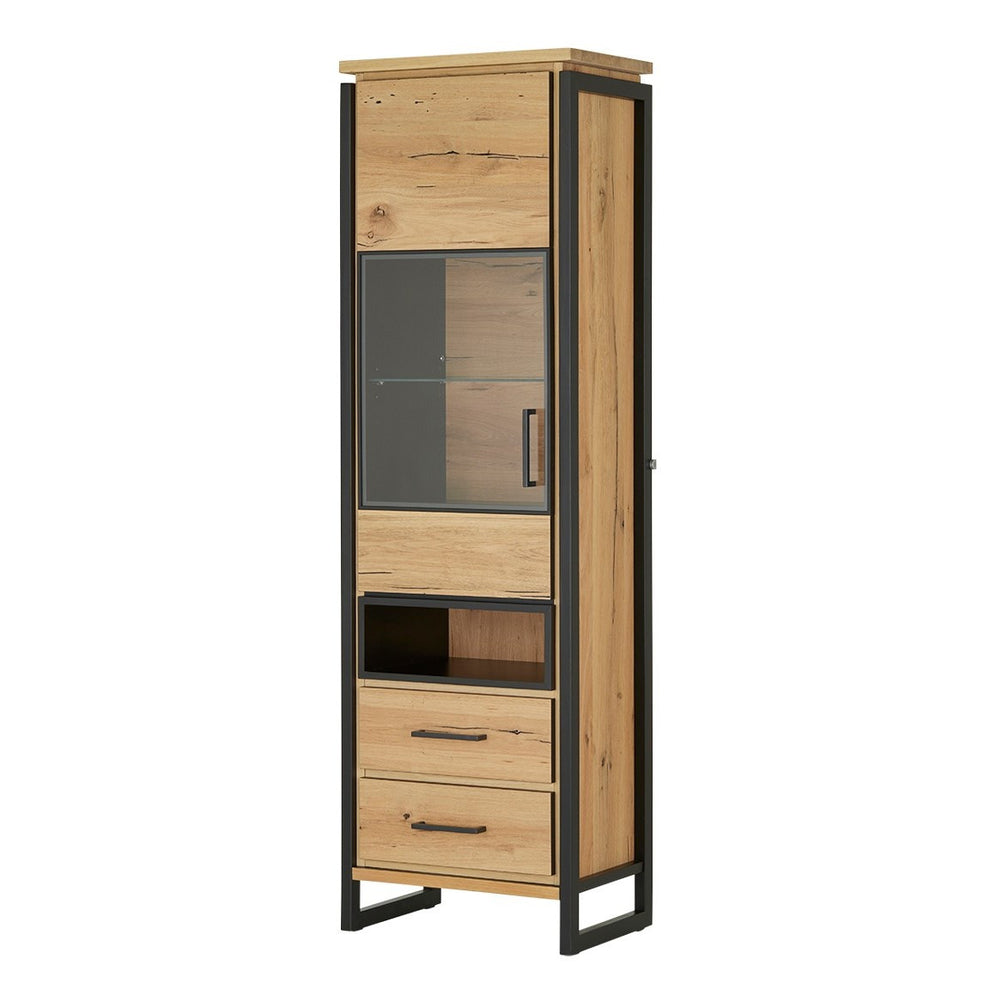 Vitrina Stanga Reno Cu 1 Usa Si 2 Sertare, Smoked Oak, 60 Cm
