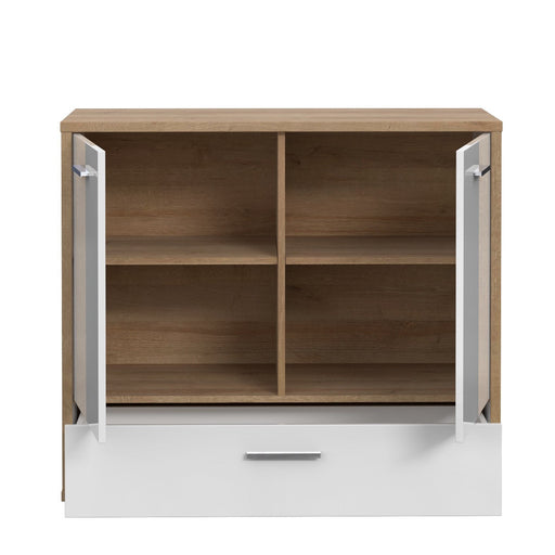 Comoda Chicory, Stejar Riviera si alb si alb super lucios, 94.5 cm