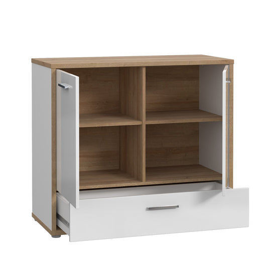 Comoda Chicory, Stejar Riviera si alb si alb super lucios, 94.5 cm