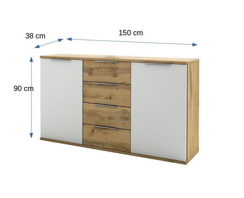 Comoda Castello, 2 Usi Si 4 Sertare, Alb Si Stejar Salbatic, 150 Cm