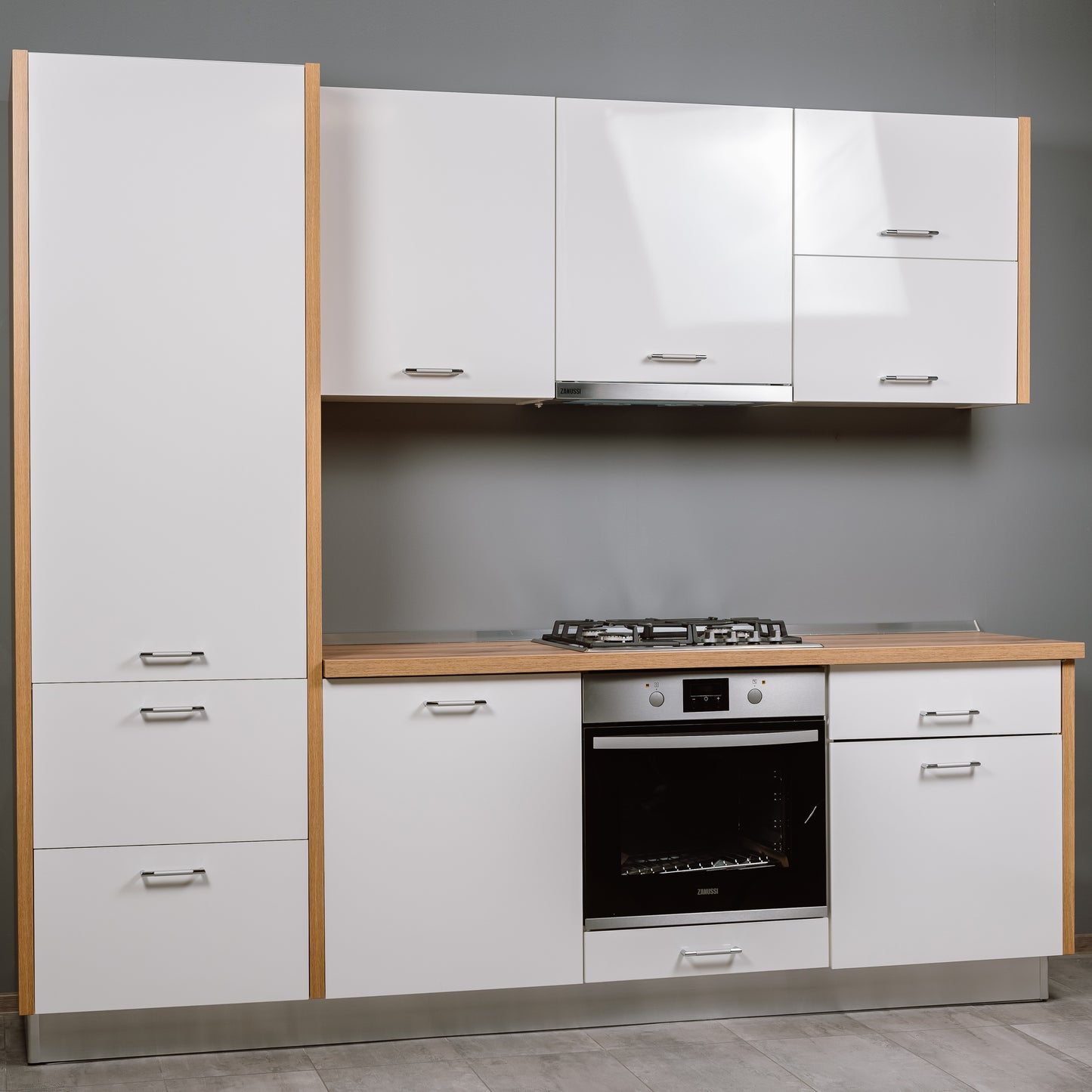 Bucatarie Arra, Alb lucios si Natur, Front Mdf, 250 x 220 x 60 Cm