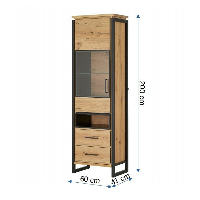 Vitrina Stanga Reno Cu 1 Usa Si 2 Sertare, Smoked Oak, 60 Cm