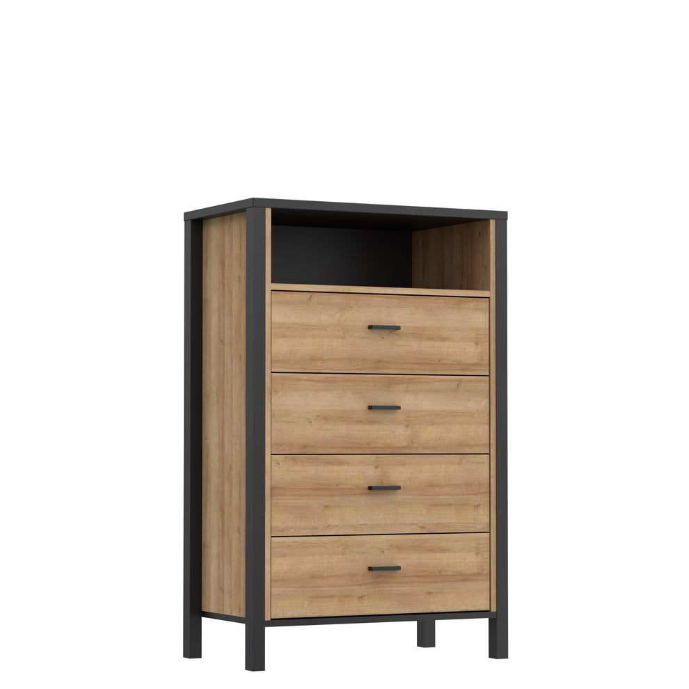 Comoda 4 Sertare High Rock, Negru Si Stejar Riviera, 69.8 Cm