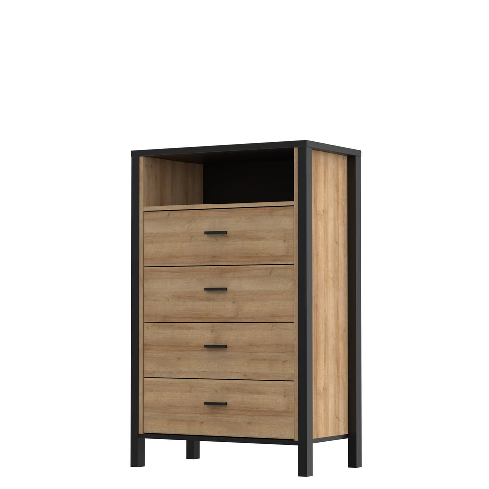 Comoda 4 Sertare High Rock, Negru Si Stejar Riviera, 69.8 Cm
