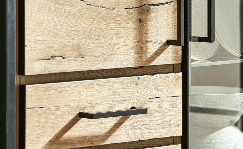 Vitrina Cu 3 Usi Si 2 Sertare Reno, Smoked Oak, Furnir Din Lemn Masiv, 100 Cm