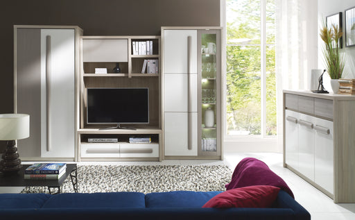 Set Living Romantic 300 cm cu dulap depozitare 90 cm, comoda TV 120 cm, vitrina 90 cm, dulap suspendat, alb lucios si gri mat