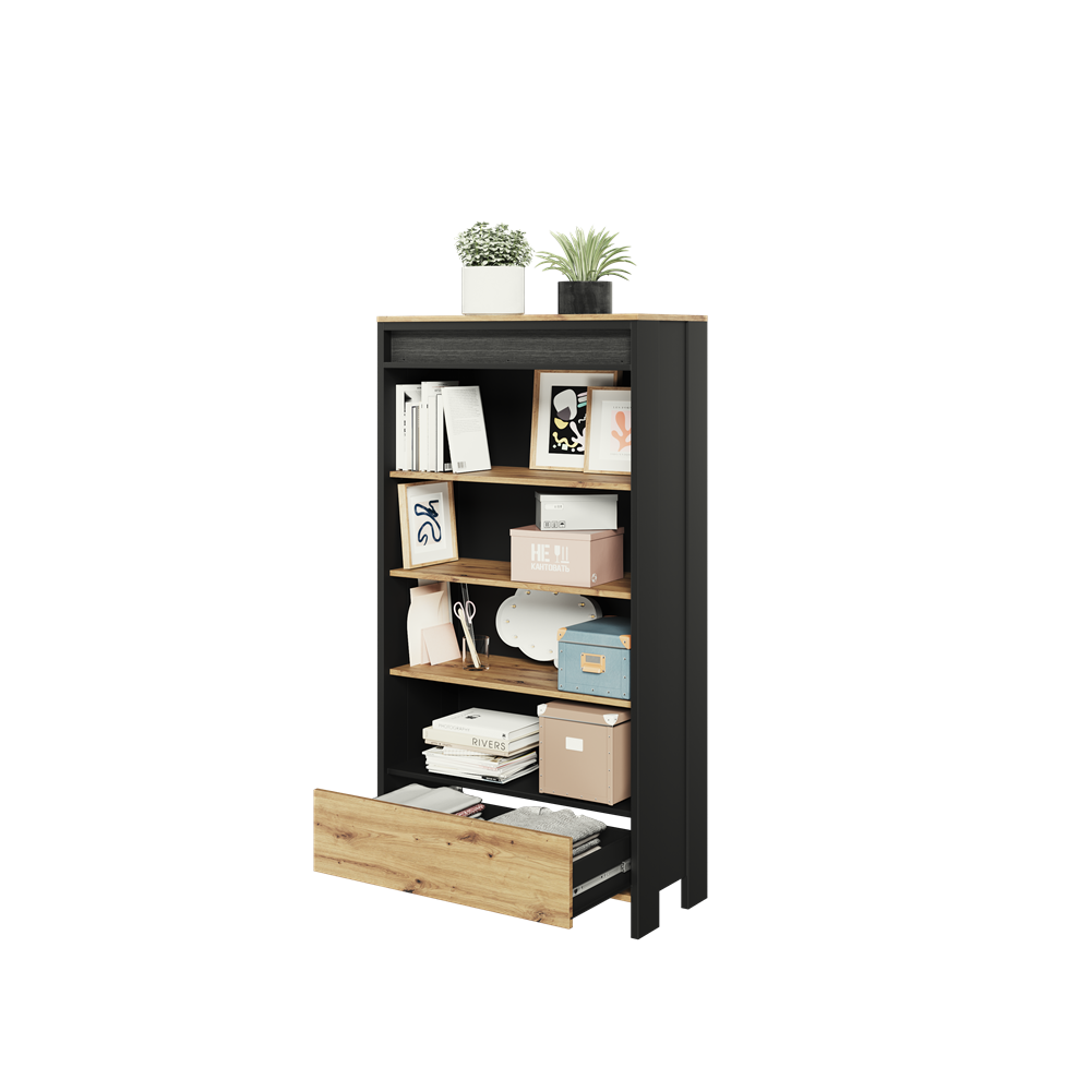 Biblioteca Dot Cu Led Cu 1 Sertar, Negru Si Stejar Artizanal, 72.1 Cm