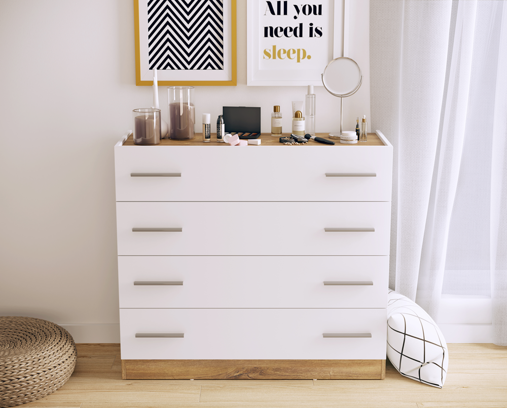 Comoda Tentro Cu 4 Sertare, Stejar Alb Si Stirling, 100 Cm