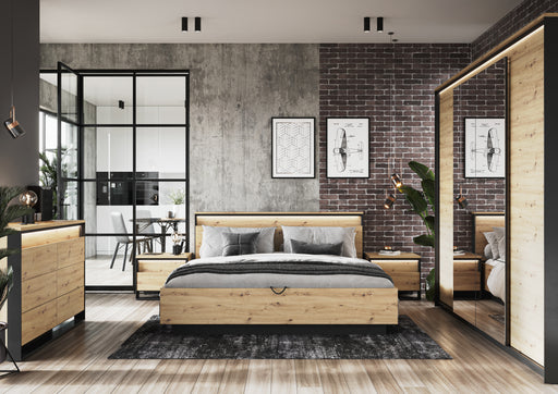 Pat Vant Dimensiune Saltea 180 x 200 Cm, Cu Lada Depozitare Si Somiera Rabatabila, LED, Stejar Artizan Si Negru