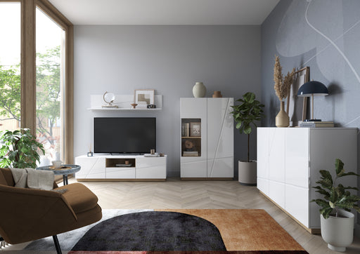 Comoda Tv Fuji Cu 2 Usi Si 1 Sertar, Alb, Riviera Oak Si Alb Lucios, 150 Cm