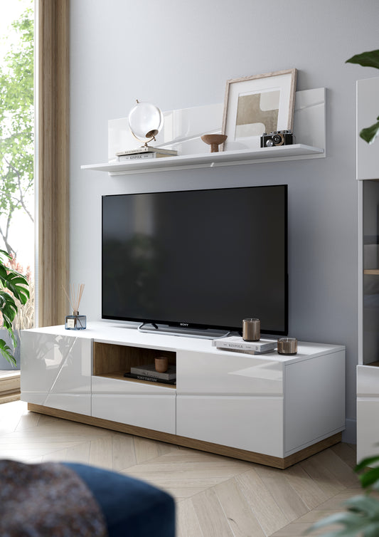 Comoda Tv Fuji Cu 2 Usi Si 1 Sertar, Alb, Riviera Oak Si Alb Lucios, 150 Cm