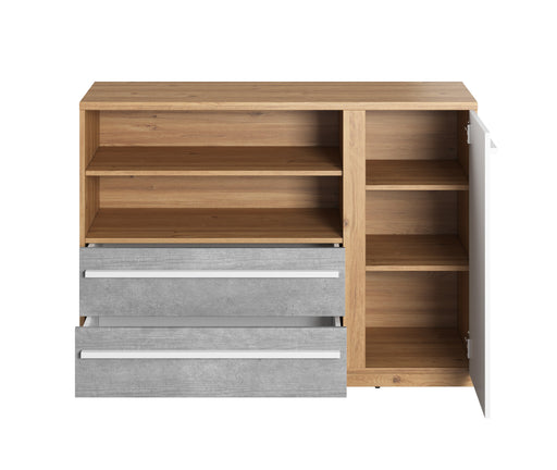Comoda Piano Cu 1 Usa Si 2 Sertare, Stejar Nash, Alb Si Beton, 125 Cm