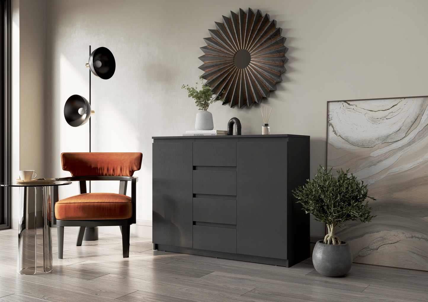Comoda Thea Cu 2 Usi Si 4 Sertare, Negru, 109 Cm