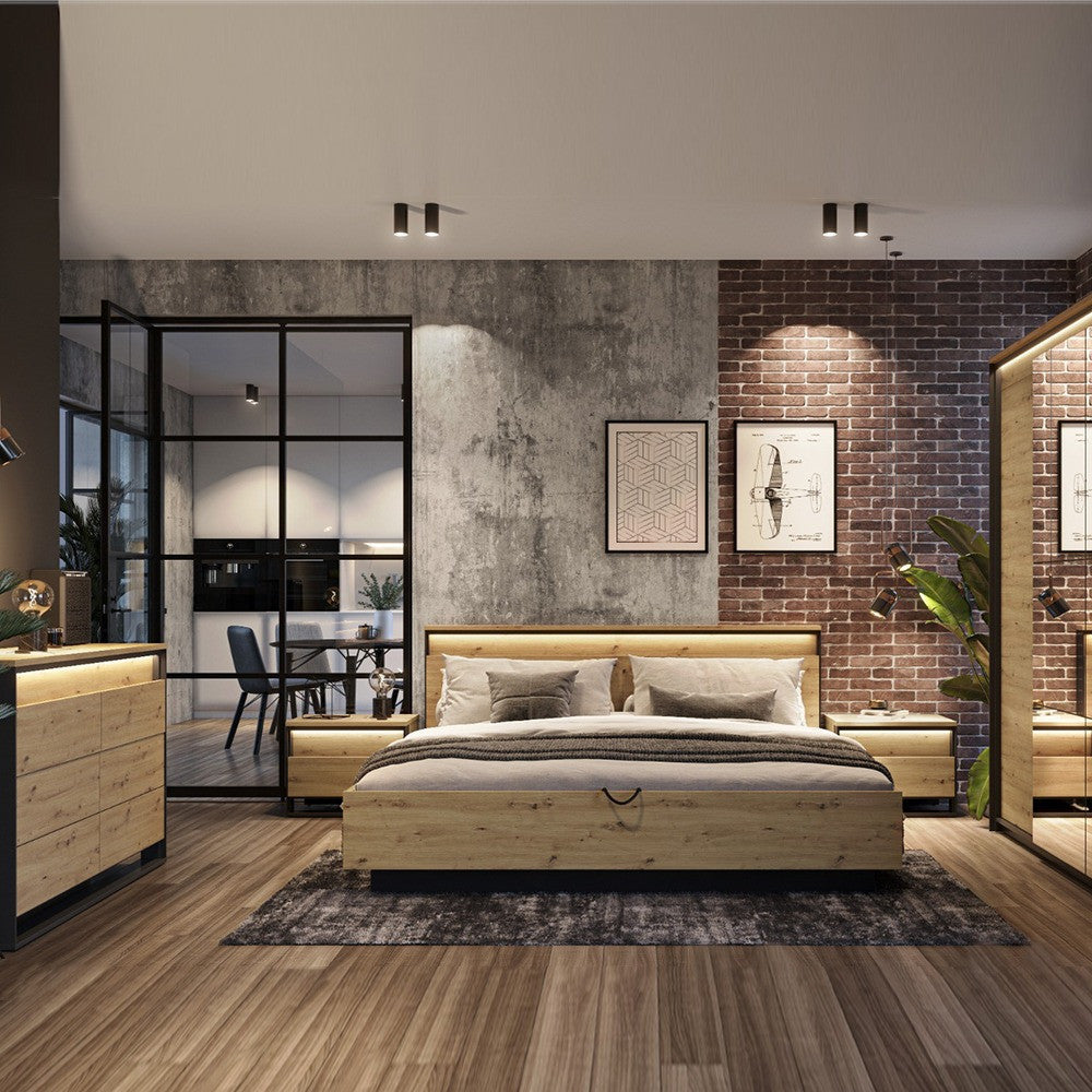 Pat Vant Dimensiune Saltea 180 x 200 Cm, Cu Lada Depozitare Si Somiera Rabatabila, LED, Stejar Artizan Si Negru