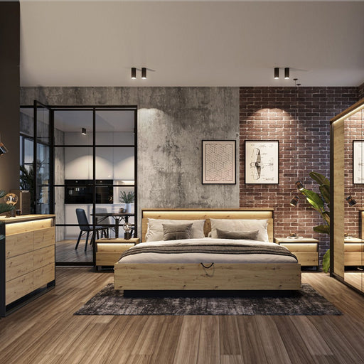 Pat Vant Dimensiune Saltea 180 x 200 Cm, Cu Lada Depozitare Si Somiera Rabatabila, LED, Stejar Artizan Si Negru