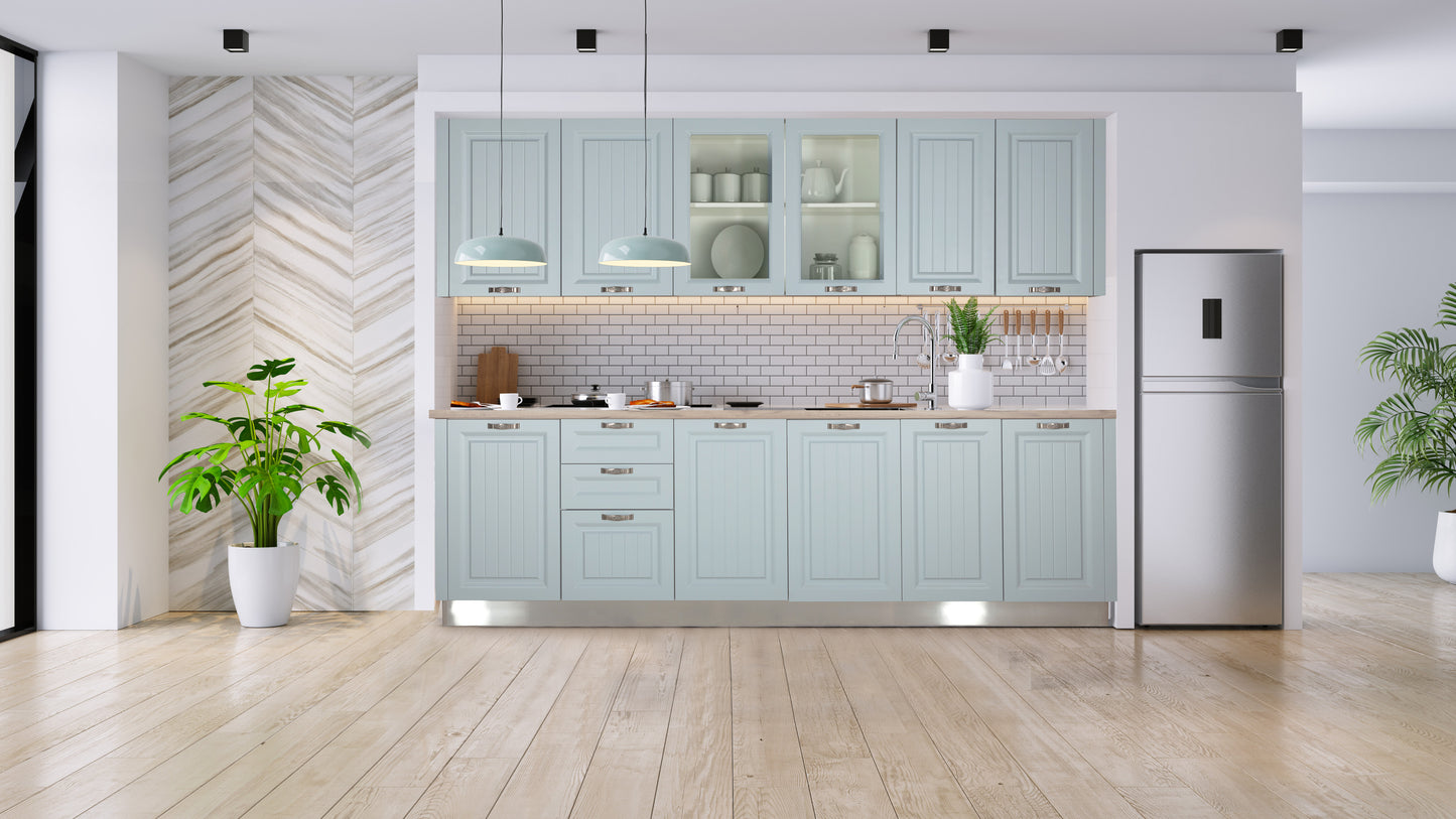 Bucatarie Malta Albastru Si Natur, Front Mdf Vopsit, 287 X 220 X 60 Cm