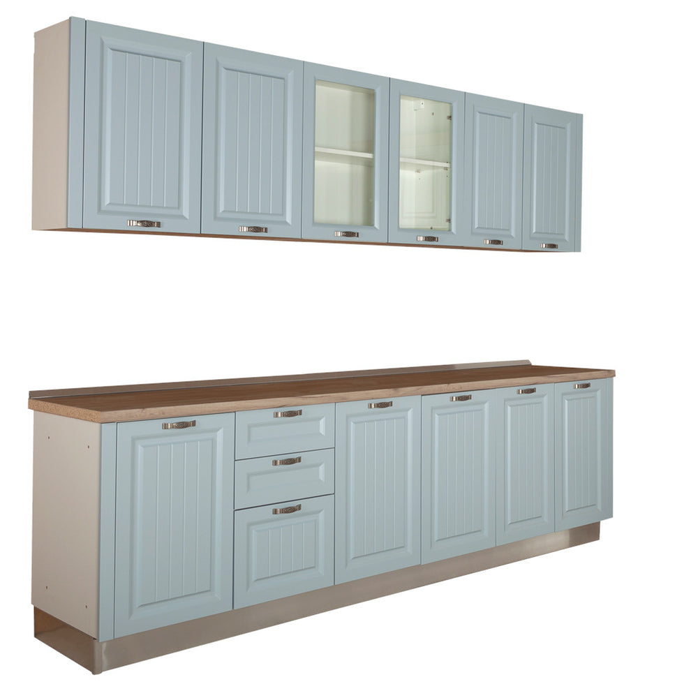 Bucatarie Malta Albastru Si Natur, Front Mdf Vopsit, 287 X 220 X 60 Cm