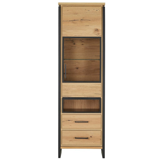 Vitrina Dreapta Reno Cu 1 Usa Si 2 Sertare, Smoked Oak, Furnir Din Lemn Masiv, 60 Cm