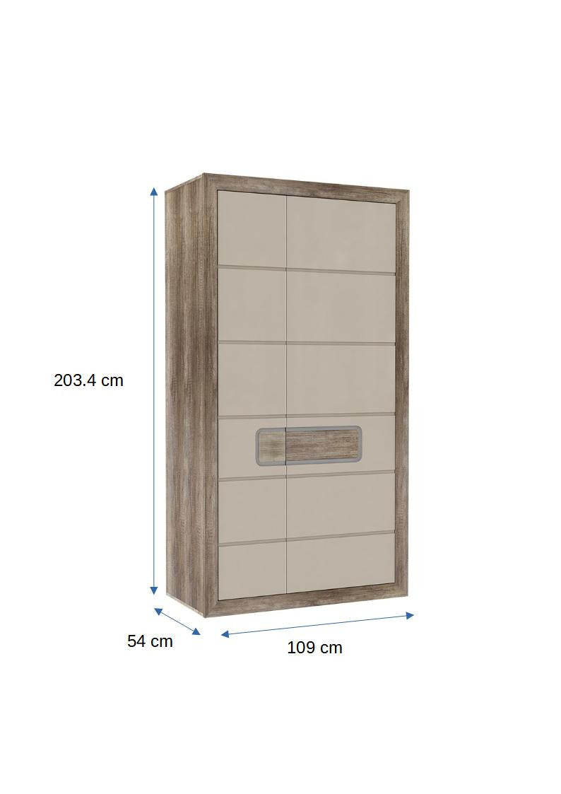 Dulap cu 2 usi Tiziano, Stejar Antic si Bej, 109 Cm