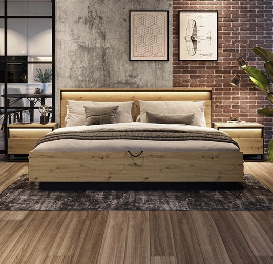 Pat Vant, Dimensiune Saltea 160 x 200 Cm,Cu Lada Depozitare Si Somiera Rabatabila, LED, Stejar Artizan Si Negru,